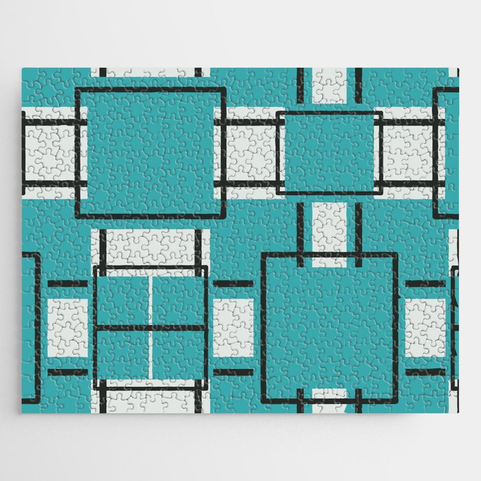 Aqua - Teal - Turquoise, Black and Off White Modern Square Mosaic Shape Pattern Jigsaw Puzzle