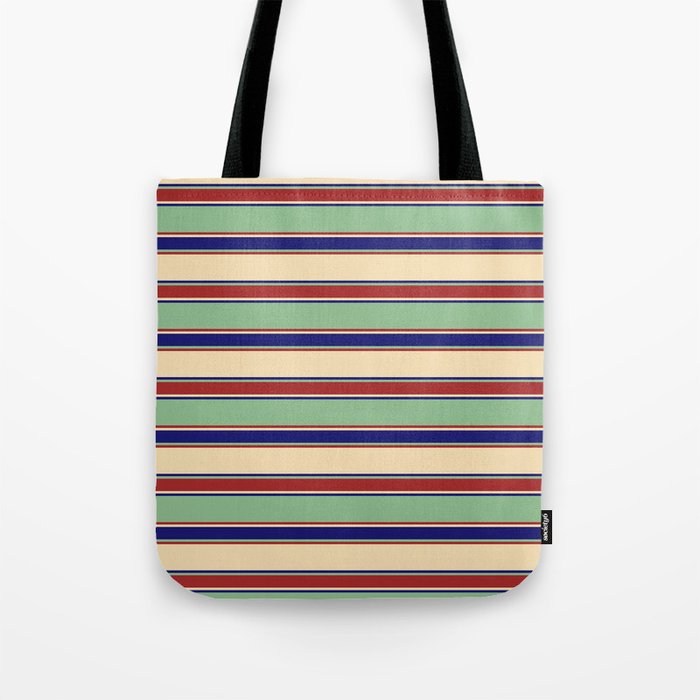 Tan, Midnight Blue, Dark Sea Green & Brown Colored Striped/Lined Pattern Tote Bag