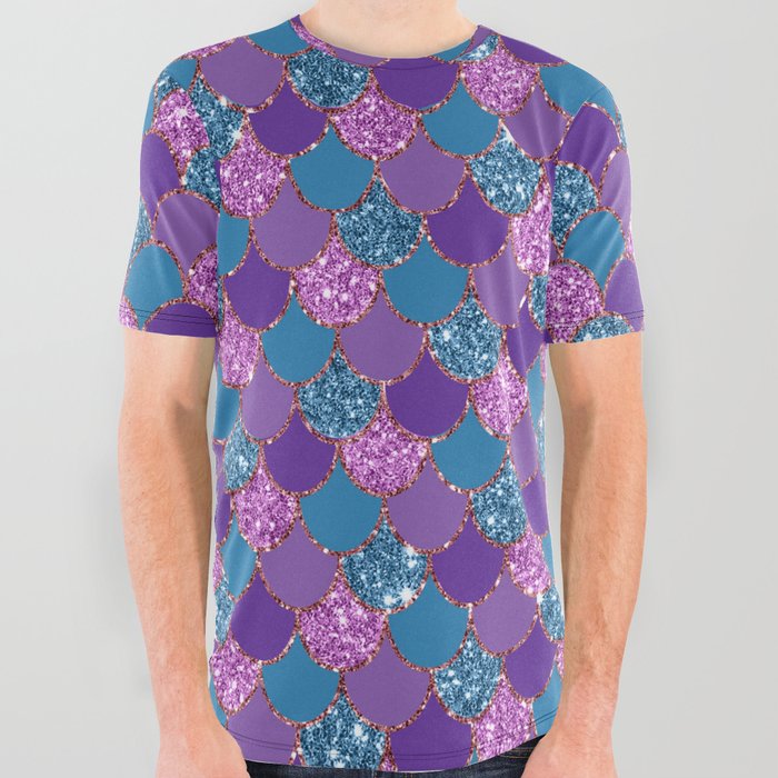 Glitter Mermaid Scales Purple Pink Teal All Over Graphic Tee