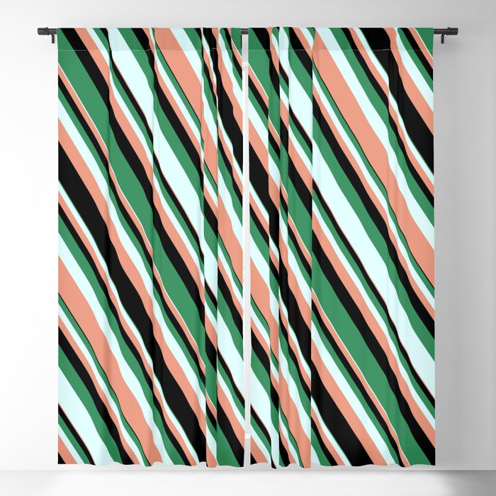 Sea Green, Light Cyan, Dark Salmon, and Black Colored Striped/Lined Pattern Blackout Curtain
