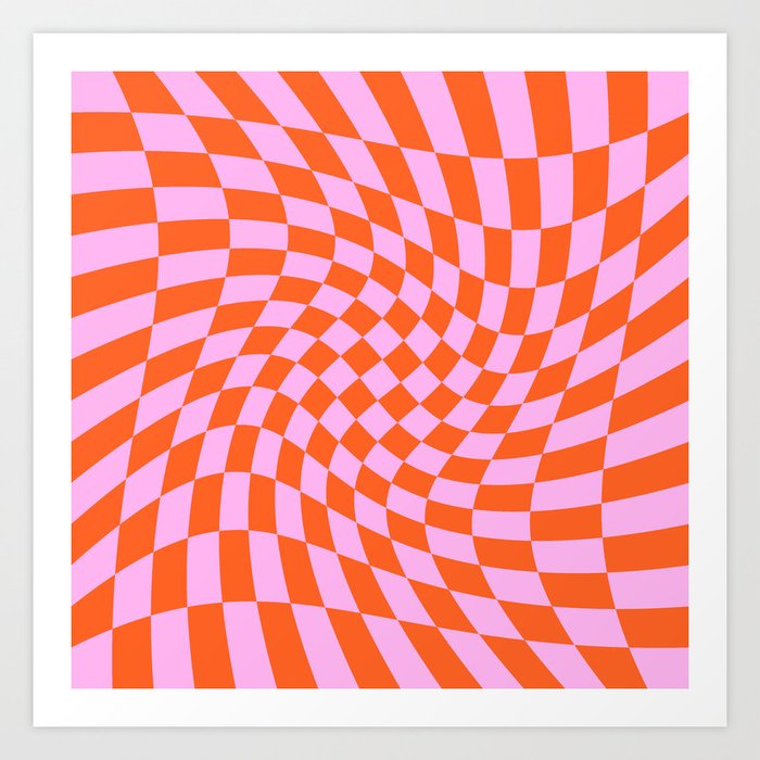 Retro Orange and Pink Bright Psychedelic Twisted Checker Swirl Print Art Print