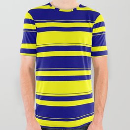 [ Thumbnail: Yellow & Blue Colored Lined/Striped Pattern All Over Graphic Tee ]
