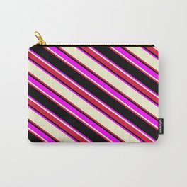 [ Thumbnail: Black, Fuchsia, Light Yellow & Crimson Colored Lined Pattern Carry-All Pouch ]