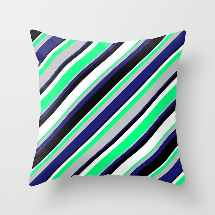 Green, Grey, Midnight Blue, Black & White Colored Stripes Pattern Throw Pillow