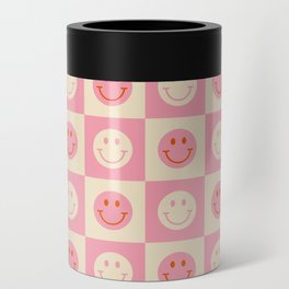 70s Retro Smiley Face Tile Pattern in Pink & Beige Can Cooler