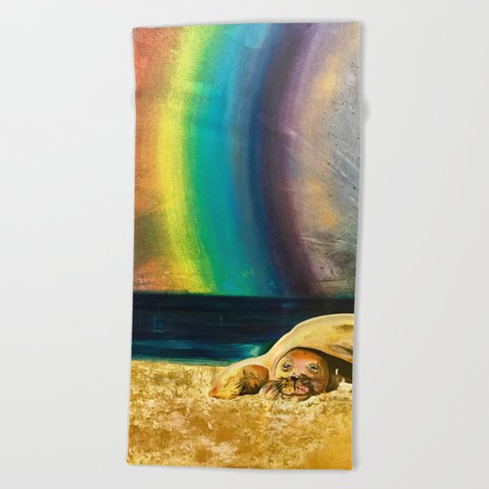 Sleepy Seal on the Beach Beach Towel