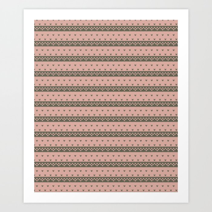 Sweater Weather - Pink/Moss Colorwork Heart Stripes Art Print