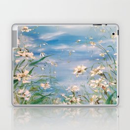 Flower field of magnificent white daffodils. Summer landscape lawn of blossoming flowers. Laptop Skin