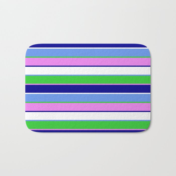 Cornflower Blue, Lime Green, Violet, Dark Blue & White Colored Stripes/Lines Pattern Bath Mat