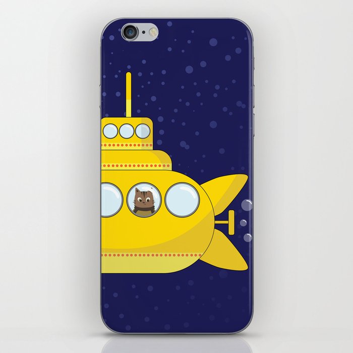 Yellow submarine in deep sea with a cat and bubbles iPhone Skin