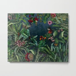 Midnight rainforest I Metal Print | Strelitzia, Plumeria, Botany, Darkblue, Orchidsflowers, Palms, Collage, Leaves, Butterflies, Jungle 