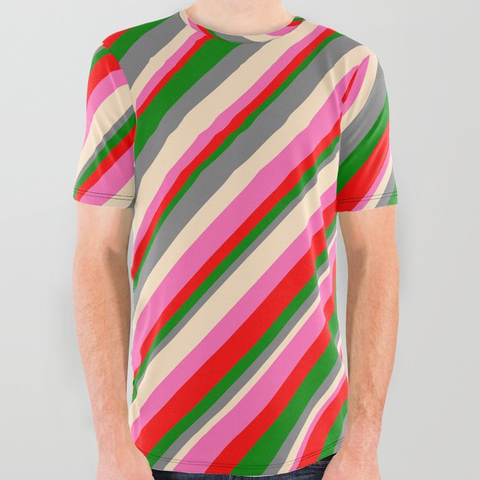 Eye-catching Gray, Bisque, Hot Pink, Red & Green Colored Lines/Stripes Pattern All Over Graphic Tee