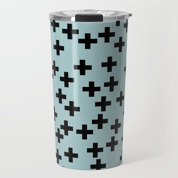 Black Cross Symbol Pattern on Pastel Sage Turquoise Travel Mug