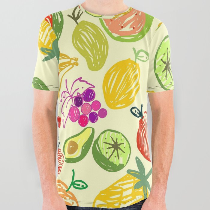 Colorful Fruit Doodle All Over Graphic Tee