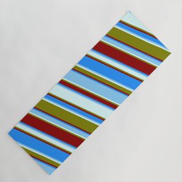 [ Thumbnail: Vibrant Blue, Light Sky Blue, Light Cyan, Green & Dark Red Colored Lined/Striped Pattern Yoga Mat ]