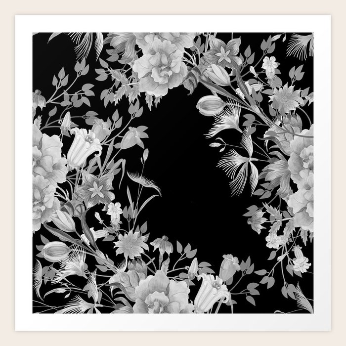 Stardust Black and White Floral Motif Art Print by Sharon Mau | Society6
