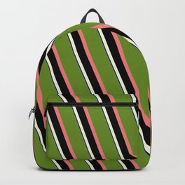 [ Thumbnail: Eyecatching Green, Light Coral, Black, Beige, and Dark Blue Colored Lined/Striped Pattern Backpack ]
