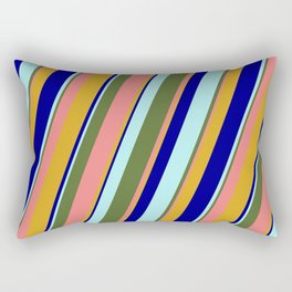 [ Thumbnail: Colorful Dark Olive Green, Light Coral, Goldenrod, Dark Blue, and Turquoise Colored Lined Pattern Rectangular Pillow ]