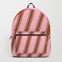 [ Thumbnail: Pink and Sienna Colored Pattern of Stripes Backpack ]