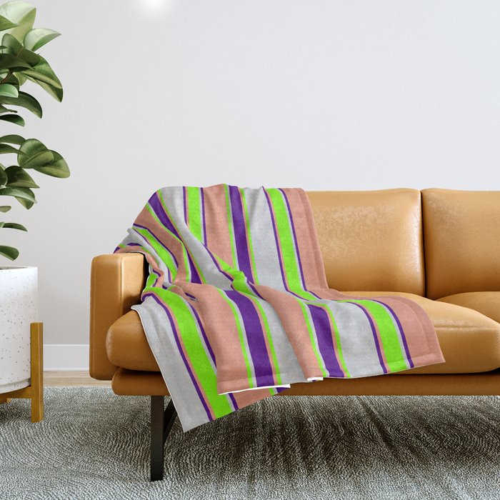 Light Grey Chartreuse Dark Salmon and Indigo Colored Striped Lined Pattern Throw Blanket