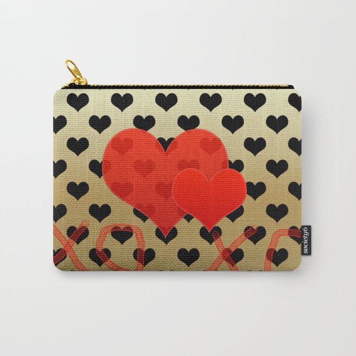 Two red hearts in tandem on black hearts pattern Carry-All Pouch