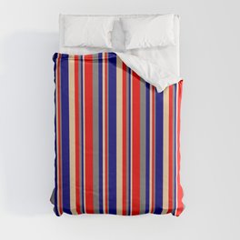 [ Thumbnail: Tan, Blue, Gray & Red Colored Lines/Stripes Pattern Duvet Cover ]