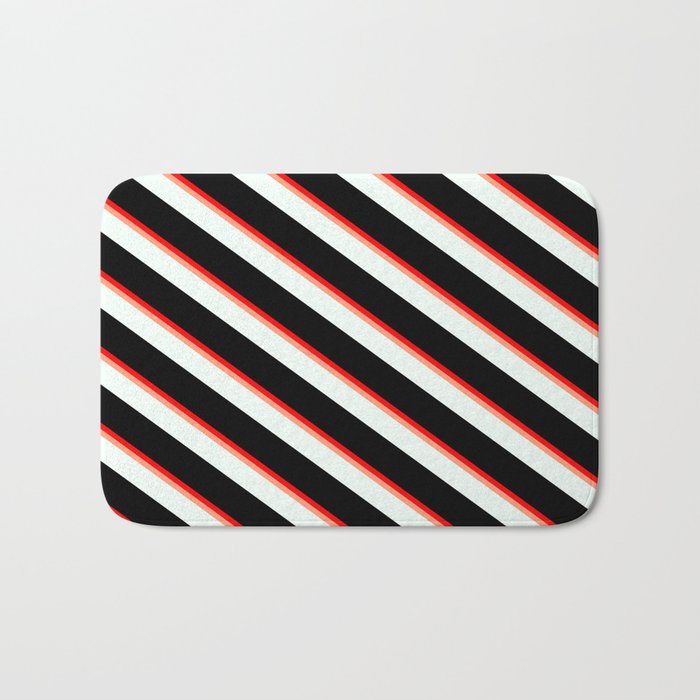Red, Light Salmon, Mint Cream, and Black Colored Pattern of Stripes Bath Mat