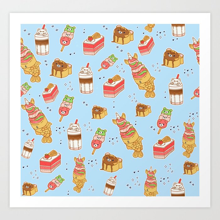 Japanese Treats Kawaii Food On Blue Art Print By Frostedsosweet Society6