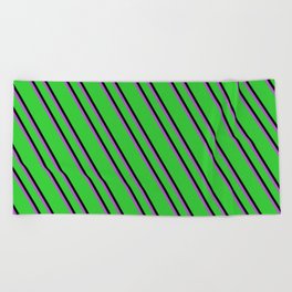 [ Thumbnail: Lime Green, Black, and Orchid Colored Stripes Pattern Beach Towel ]