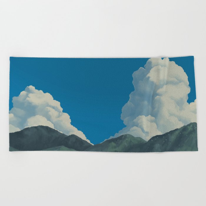 Puffy Anime-style Clouds Beach Towel