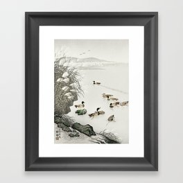 Ducks Swimming In The Lake - Japanese Vintage Woodblock Print Framed Art Print