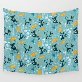 Mid century modern atomic style cats and cocktails Wall Tapestry