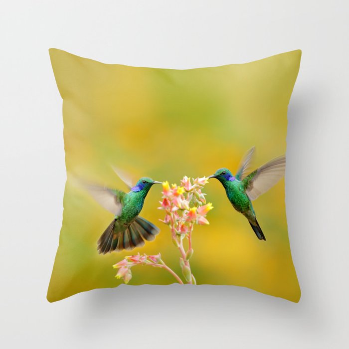 Blue and Green Hummingbirds with Little Pink Flowers - Bird / Animal / Wildlife / Floral Nature Photograph Throw Pillow and other home decor