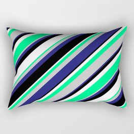 [ Thumbnail: Green, Grey, Midnight Blue, Black & White Colored Stripes Pattern Rectangular Pillow ]
