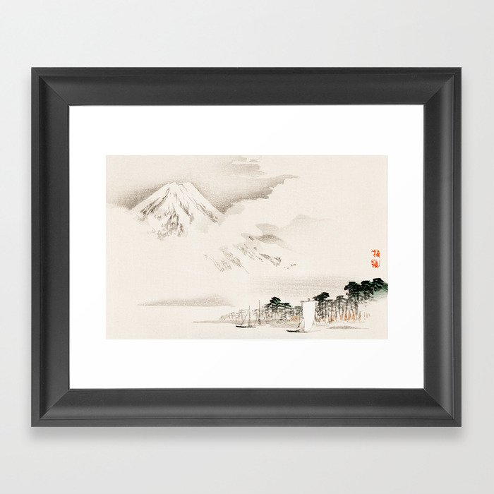 Vintage Japanese Illustration Of Mountain And Village At A Lake Framed Art Print
