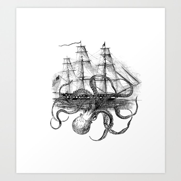 Octopus Attacks Ship on White Background Art Print