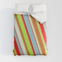 [ Thumbnail: Colorful Chocolate, Sky Blue, Light Green, Mint Cream, and Red Colored Lined/Striped Pattern Comforter ]
