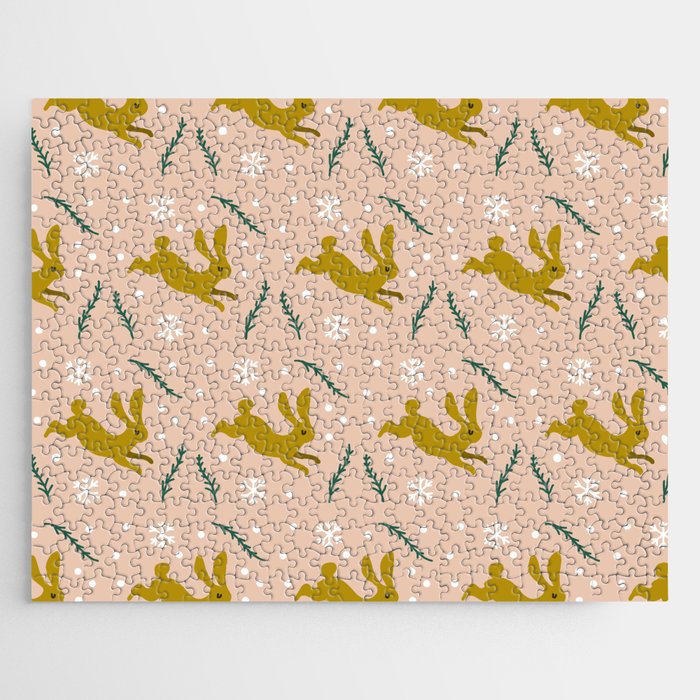 Christmas Pattern Retro Rabbit Floral Leaf Jigsaw Puzzle