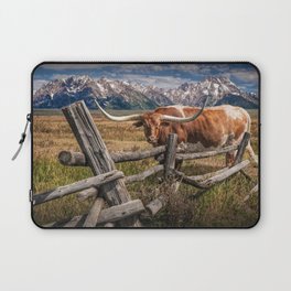 Texas Longhorn Steer with Wood Log Fence in Wyoming Pasture Laptop Sleeve