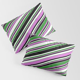 [ Thumbnail: Forest Green, Orchid, Black & White Colored Striped/Lined Pattern Pillow Sham ]