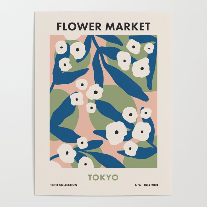 Flower Market Tokyo, Modern Retro Floral Print Poster