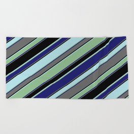 [ Thumbnail: Powder Blue, Dark Sea Green, Midnight Blue, Dim Gray, and Black Colored Striped/Lined Pattern Beach Towel ]