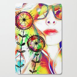Whimsical girl with flowers digital abstract design Cutting Board