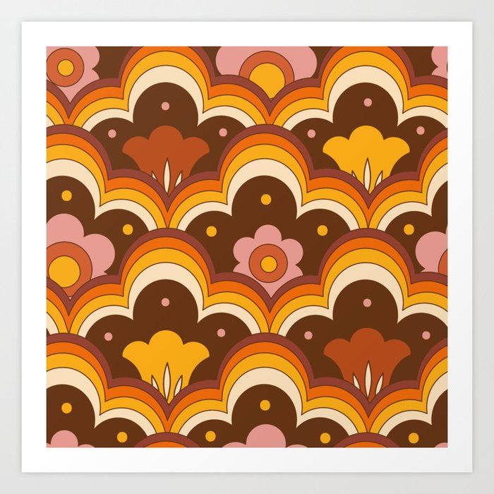 Retro 70s Flowers, Floral Pattern, Mid Century Modern Pattern Orange Brown  Pink. Art Print by InkTally | Society6