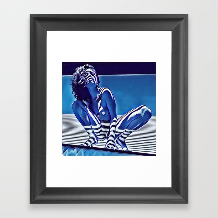 9118s-KMA_5209 Blue Nude Striped Figure Looking Down Abstract Fine Art Nude Framed Art Print