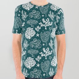 Teal Blue And White Coral Silhouette Pattern All Over Graphic Tee