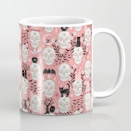 Skulls with cats, bats, and witchy things - halloween, pastel orange, coral Coffee Mug