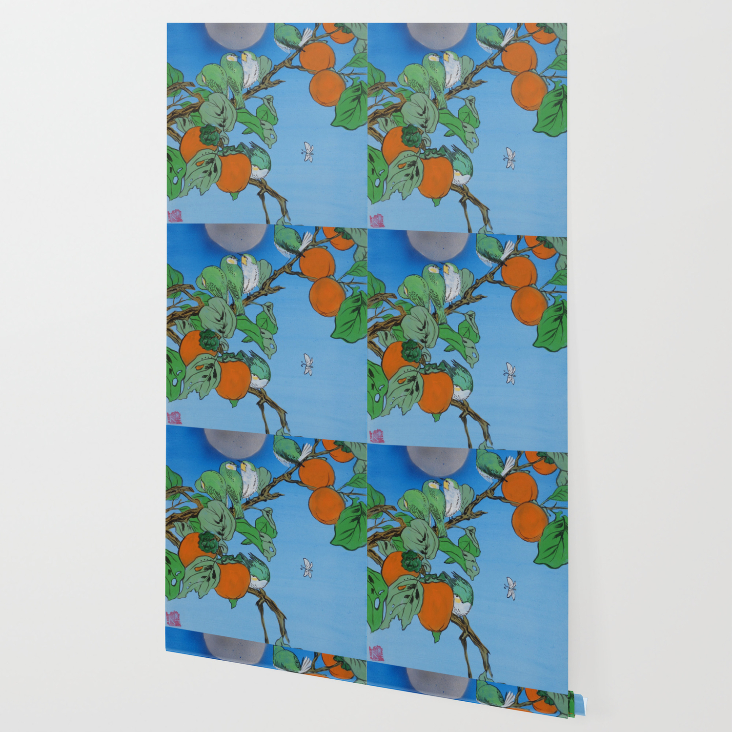 Persimmon Branch Moon And Birds Japan Hieroglyph Original Artwork