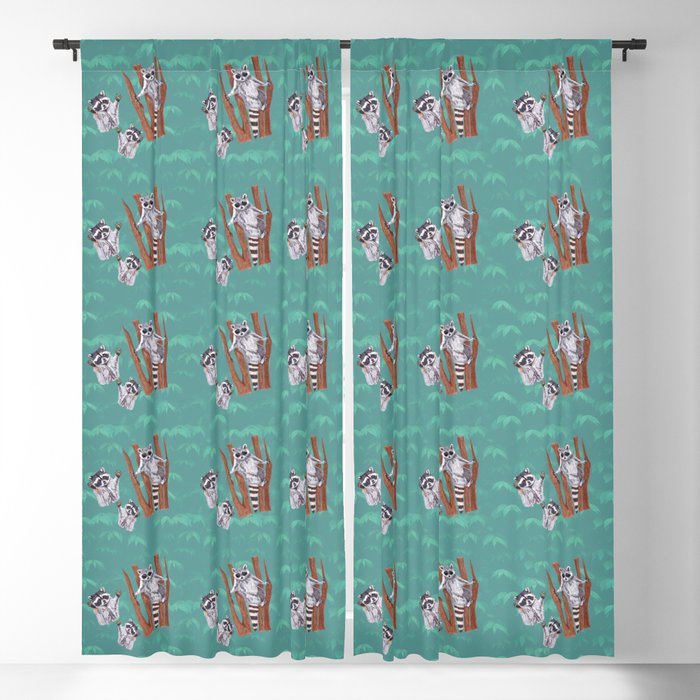 Playful Curious Raccoons Blue Forest Blackout Curtain