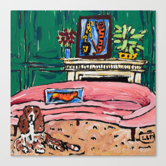 Spaniel in Emerald Green Interior Square Painting After Matisse Canvas Print